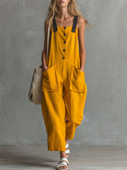 Casual Retro Color-blocked Yellow Sleeveless Button Cotton-linen Jumpsuit