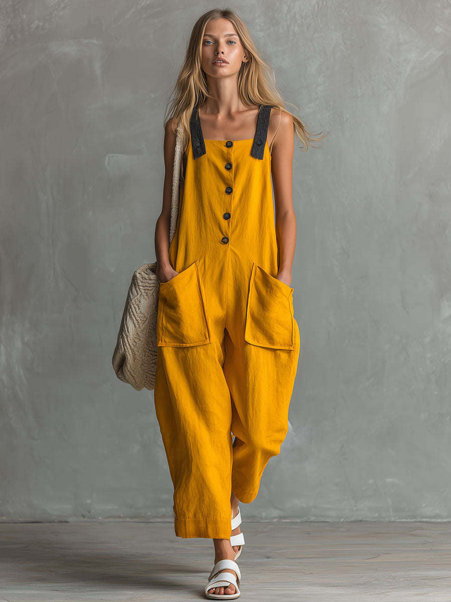 Casual Retro Color-blocked Yellow Sleeveless Button Cotton-linen Jumpsuit