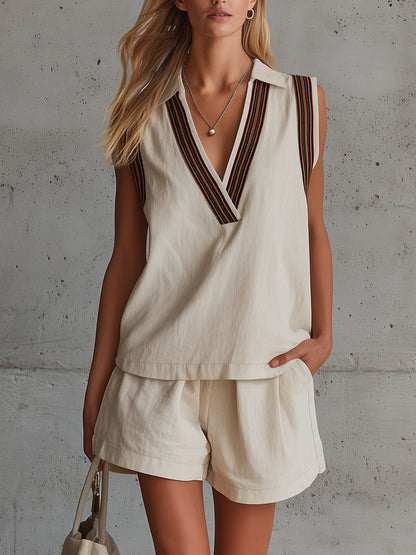 Casual Retro Color-blocked Off-white Sleeveless Cotton And Linen Shirt And Shorts Set
