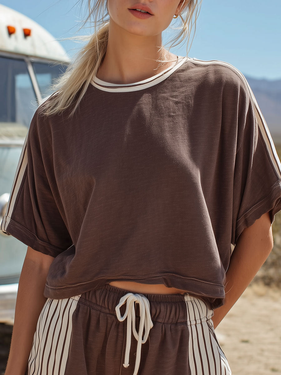 Retro Color-blocked Striped Brown Short-sleeved Cotton T-shirt And Shorts Set