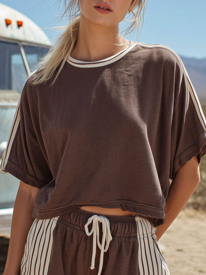 Retro Color-blocked Striped Brown Short-sleeved Cotton T-shirt And Shorts Set