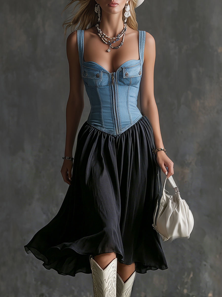 Fashionable Retro Blue Denim Vest Style Black Chiffon Midi Dress