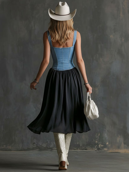 Fashionable Retro Blue Denim Vest Style Black Chiffon Midi Dress