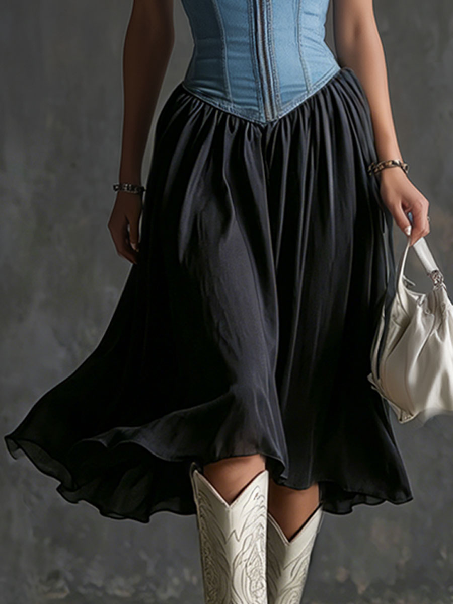 Fashionable Retro Blue Denim Vest Style Black Chiffon Midi Dress