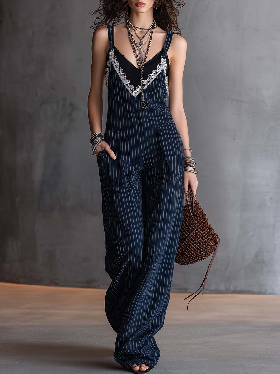 Vintage-style Lace V-neck Dark Blue Pinstriped Overalls Jumpsuit