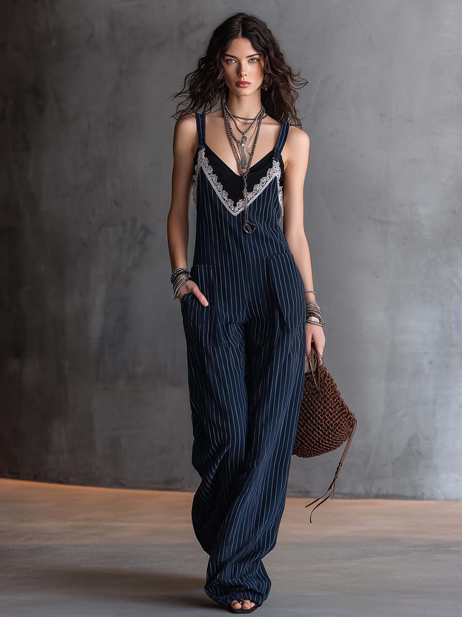Vintage-style Lace V-neck Dark Blue Pinstriped Overalls Jumpsuit
