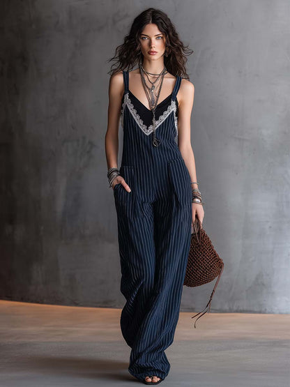 Vintage-style Lace V-neck Dark Blue Pinstriped Overalls Jumpsuit