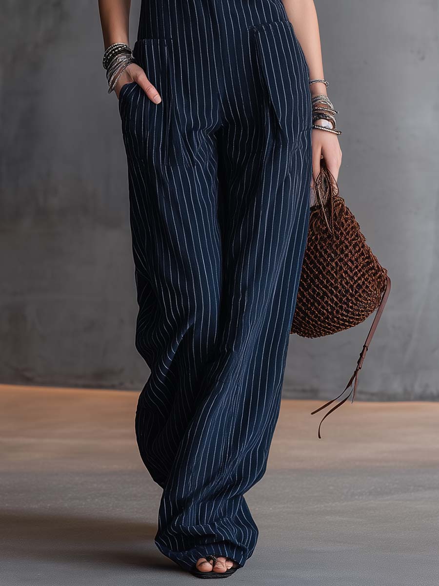 Vintage-style Lace V-neck Dark Blue Pinstriped Overalls Jumpsuit