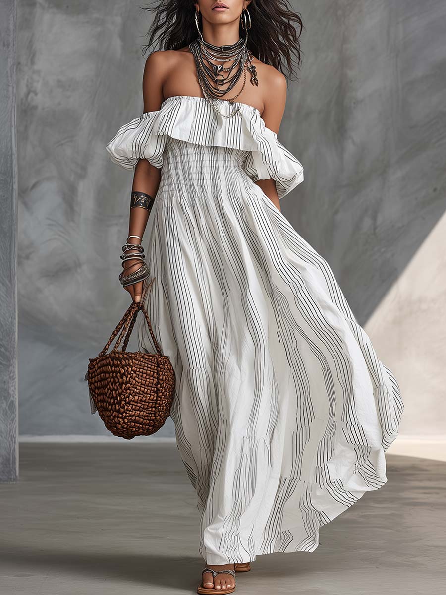 Fashion Vacation Flowy Off-the-shoulder White Pinstripe Maxi Dress