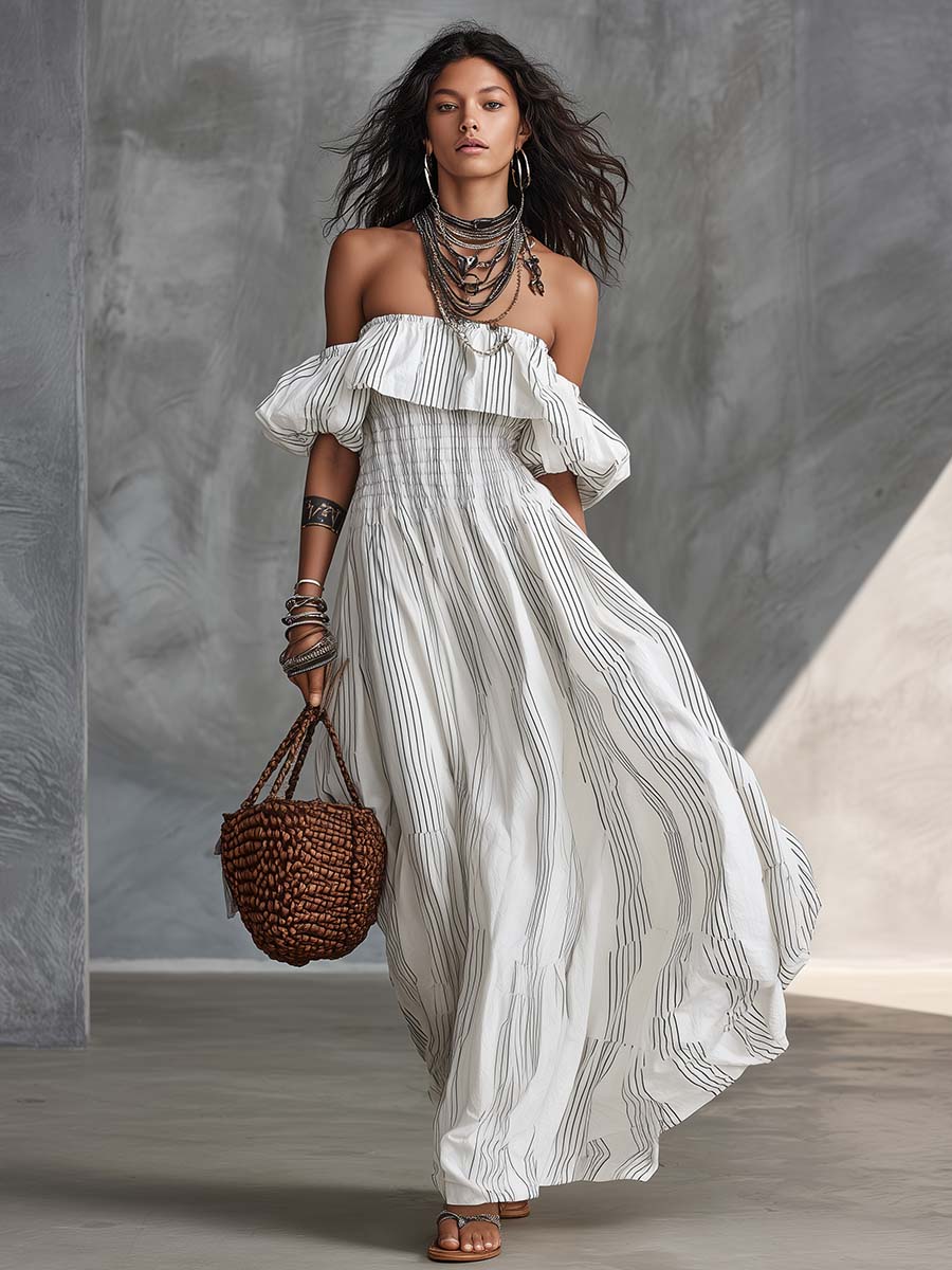 Fashion Vacation Flowy Off-the-shoulder White Pinstripe Maxi Dress