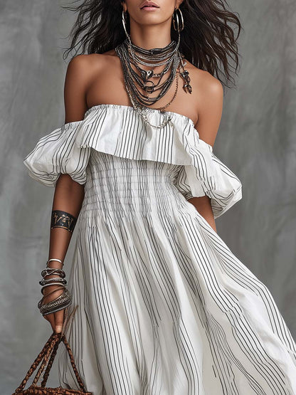 Fashion Vacation Flowy Off-the-shoulder White Pinstripe Maxi Dress