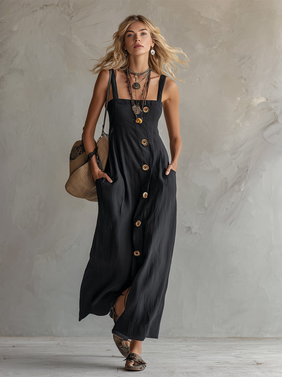 Classic Elegant Party Black Spaghetti-Strap Cotton-Linen Maxi Dress