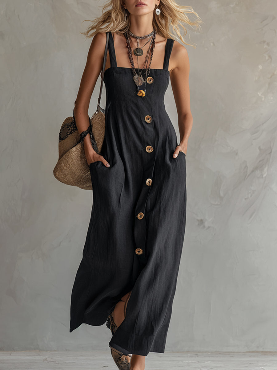 Classic Elegant Party Black Spaghetti-Strap Cotton-Linen Maxi Dress