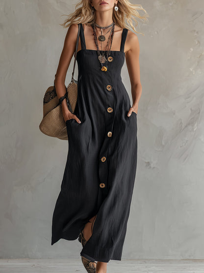 Classic Elegant Party Black Spaghetti-Strap Cotton-Linen Maxi Dress