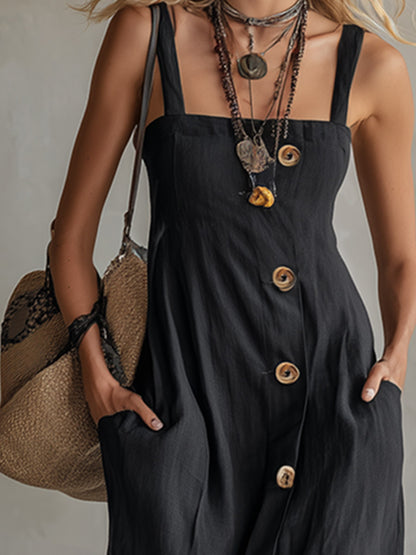 Classic Elegant Party Black Spaghetti-Strap Cotton-Linen Maxi Dress