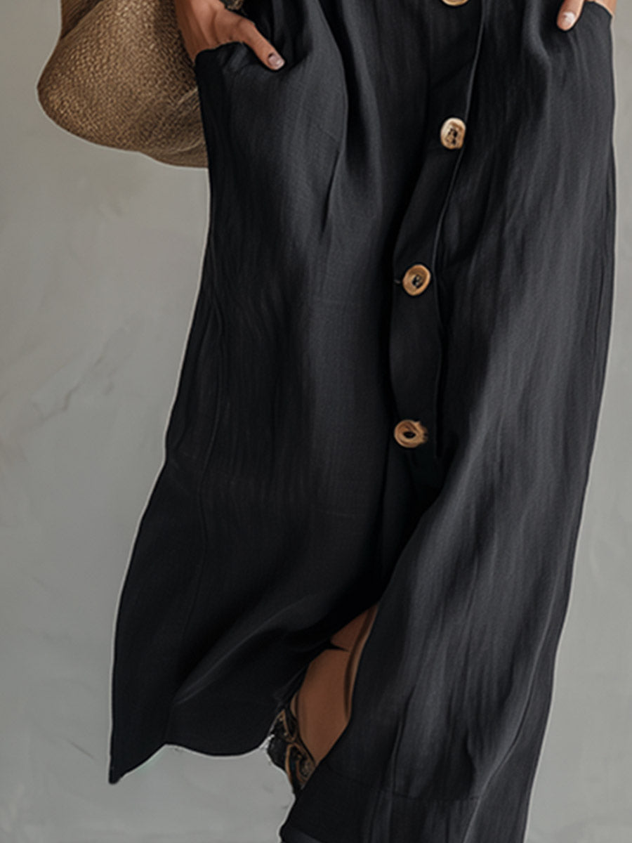 Classic Elegant Party Black Spaghetti-Strap Cotton-Linen Maxi Dress