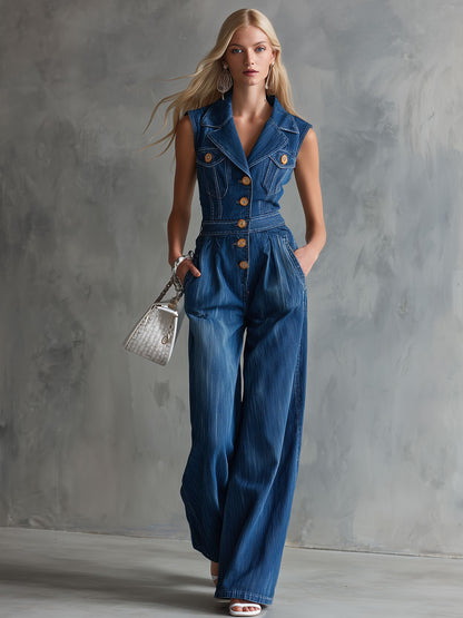 Retro Blue Collared Button Sleeveless Washed Denim Jumpsuit