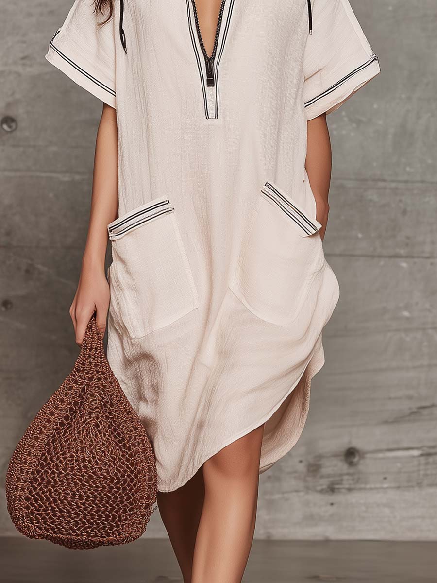 Refined Casual Hooded V-neck Asymmetrical Hem Off-white Cotton-Linen Midi Dress