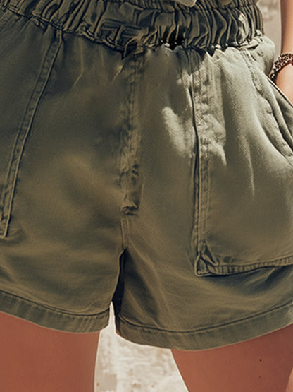 Casual Versatile Green Multi-pocket Denim Shorts