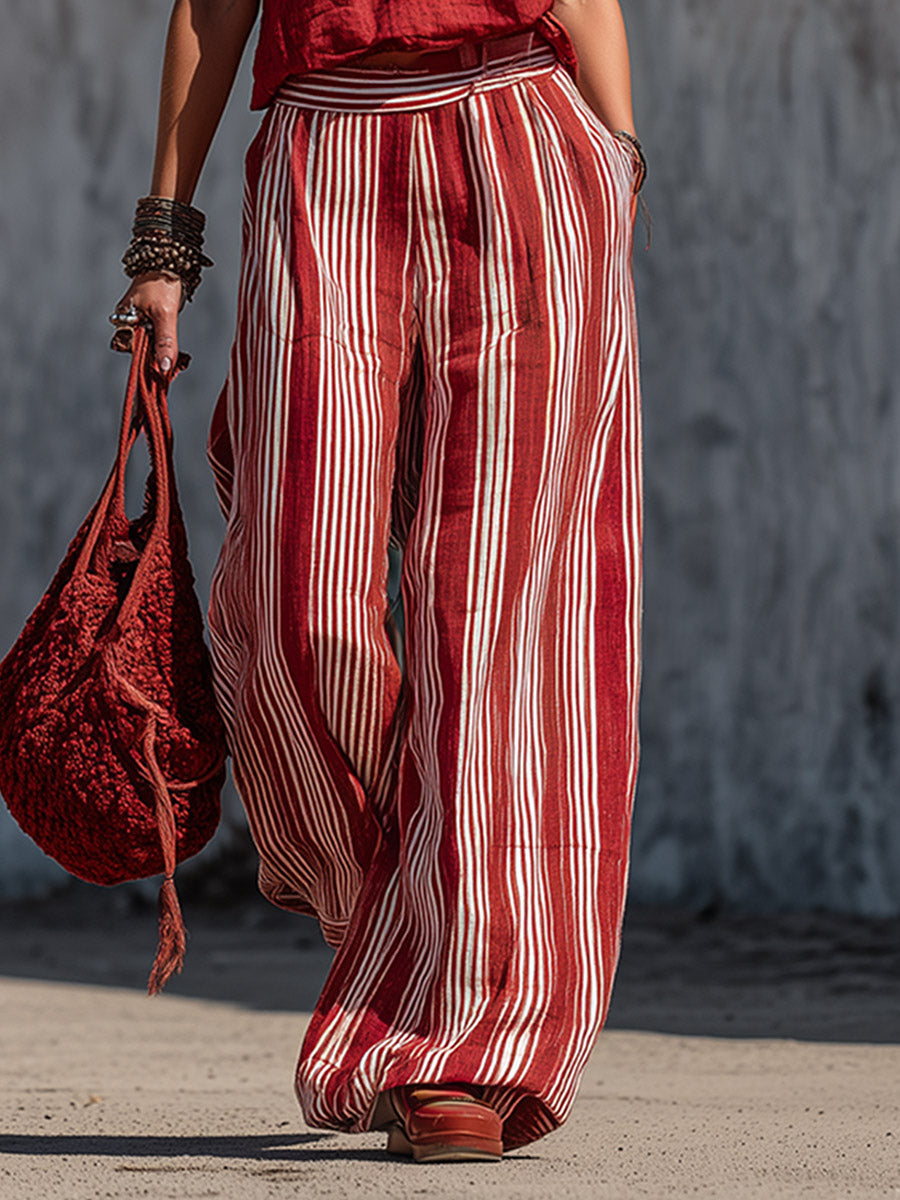 Vintage-style Elegant Red Tank Top And Striped Wide-leg Trousers Cotton-linen Set