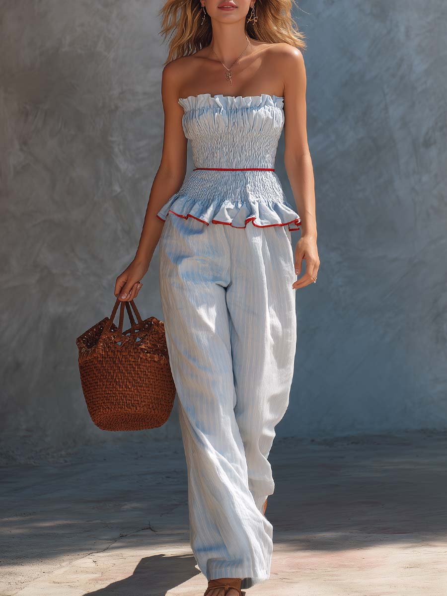 Coastal Resort Light Blue Striped Strapless Top And Trousers Set