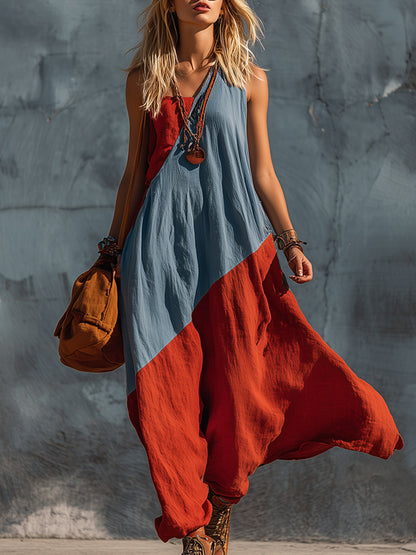 Retro Bohemian Blue &amp; Red One-Shoulder Cotton-Linen Maxi Dress