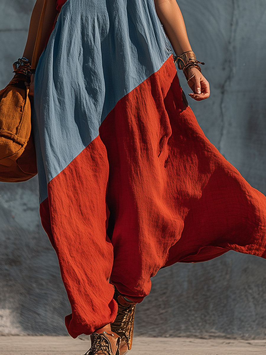 Retro Bohemian Blue &amp; Red One-Shoulder Cotton-Linen Maxi Dress