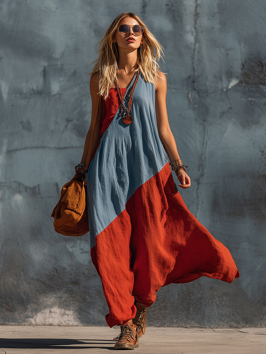Retro Bohemian Blue &amp; Red One-Shoulder Cotton-Linen Maxi Dress