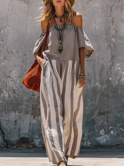 Elegant Urban Khaki-Grey Off-Shoulder Striped Cotton-Linen Jumpsuit