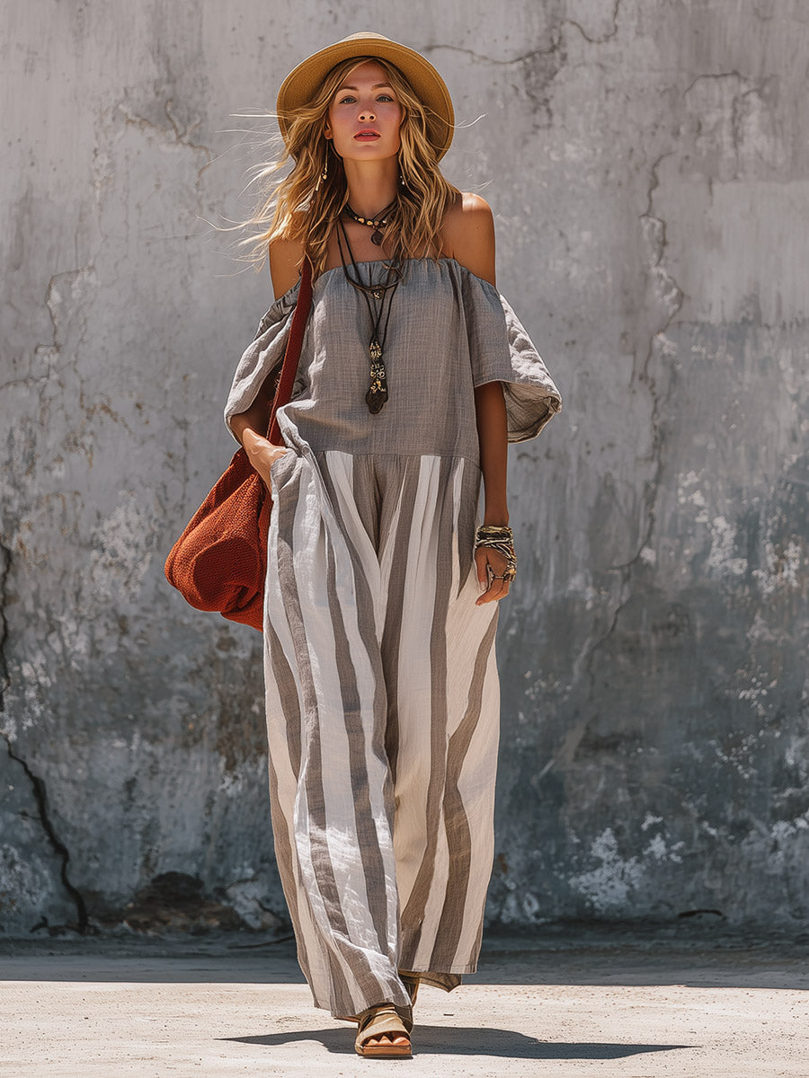 Elegant Urban Khaki-Grey Off-Shoulder Striped Cotton-Linen Jumpsuit