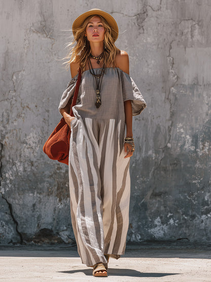 Elegant Urban Khaki-Grey Off-Shoulder Striped Cotton-Linen Jumpsuit
