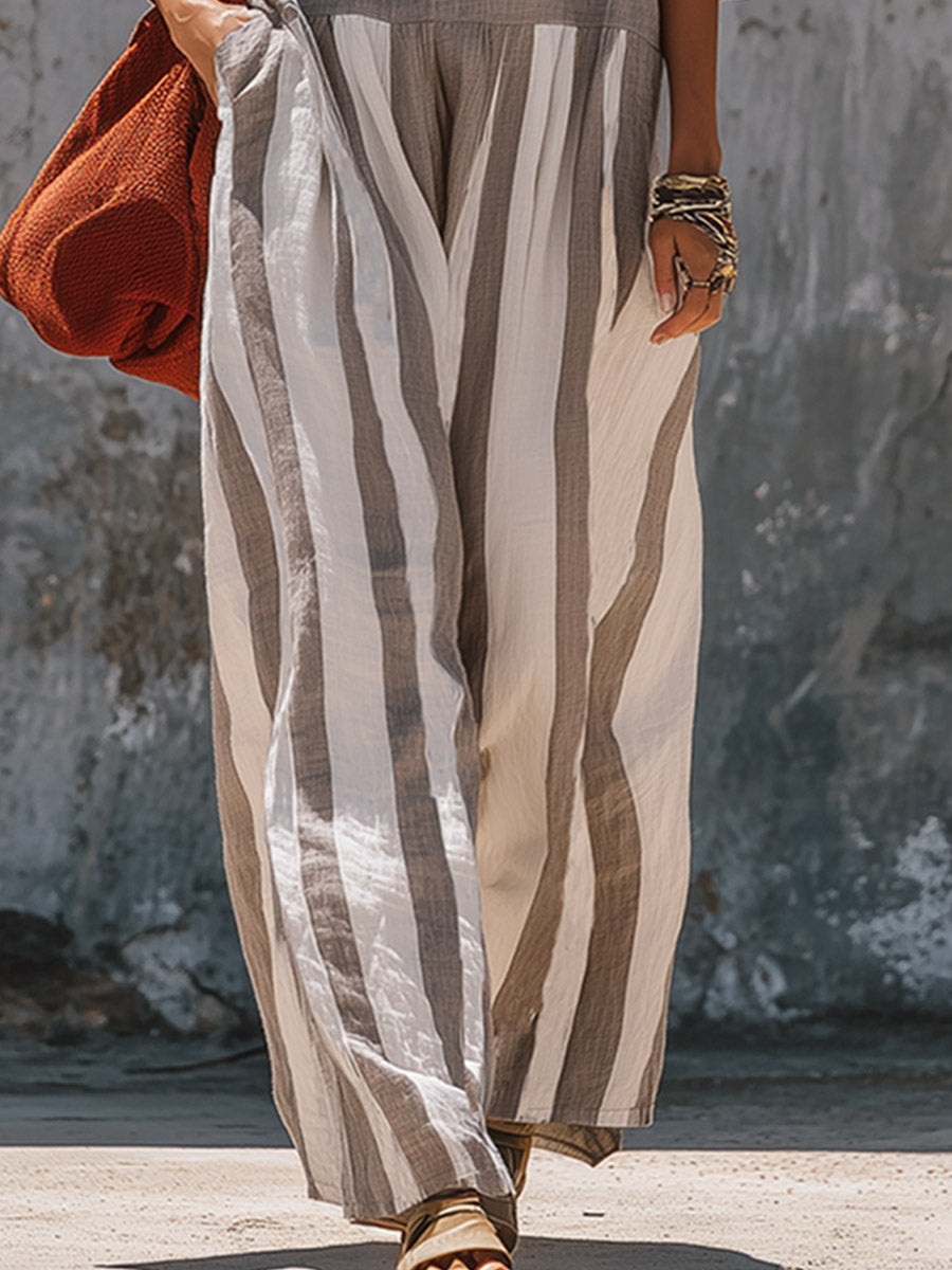 Elegant Urban Khaki-Grey Off-Shoulder Striped Cotton-Linen Jumpsuit
