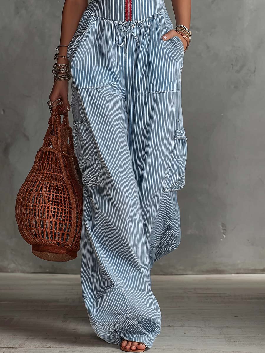 Retro Fashion Lace V-Neck Front Zipper Light Blue Pinstriped Jumpsuit