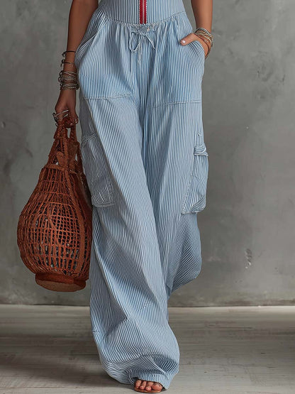 Retro Fashion Lace V-Neck Front Zipper Light Blue Pinstriped Jumpsuit
