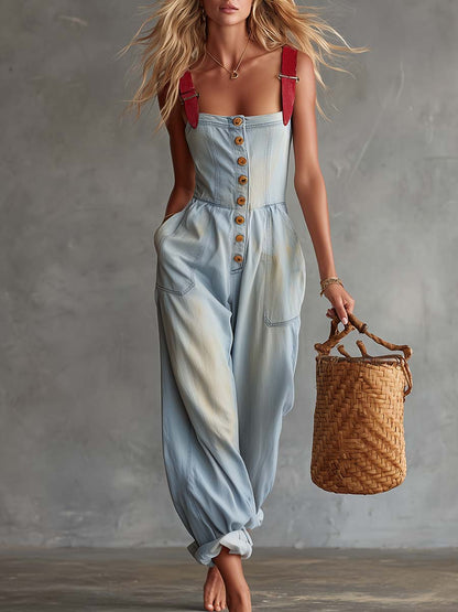 Retro Casual Square-neck Button-front Light Blue Washed Denim Jumpsuit