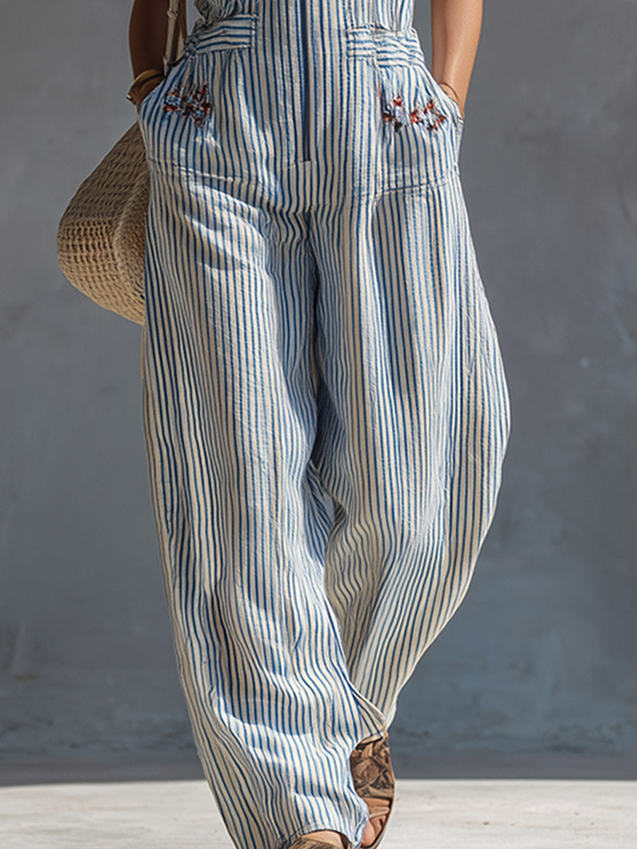 Casual Retro Red-Embroidered Blue-Striped Square-Neck Cotton-Linen Jumpsuit