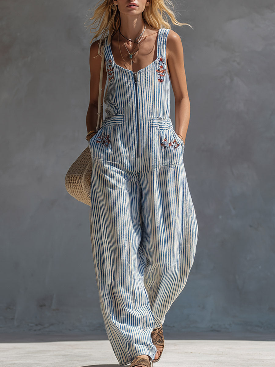 Casual Retro Red-Embroidered Blue-Striped Square-Neck Cotton-Linen Jumpsuit