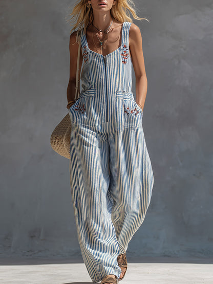 Casual Retro Red-Embroidered Blue-Striped Square-Neck Cotton-Linen Jumpsuit