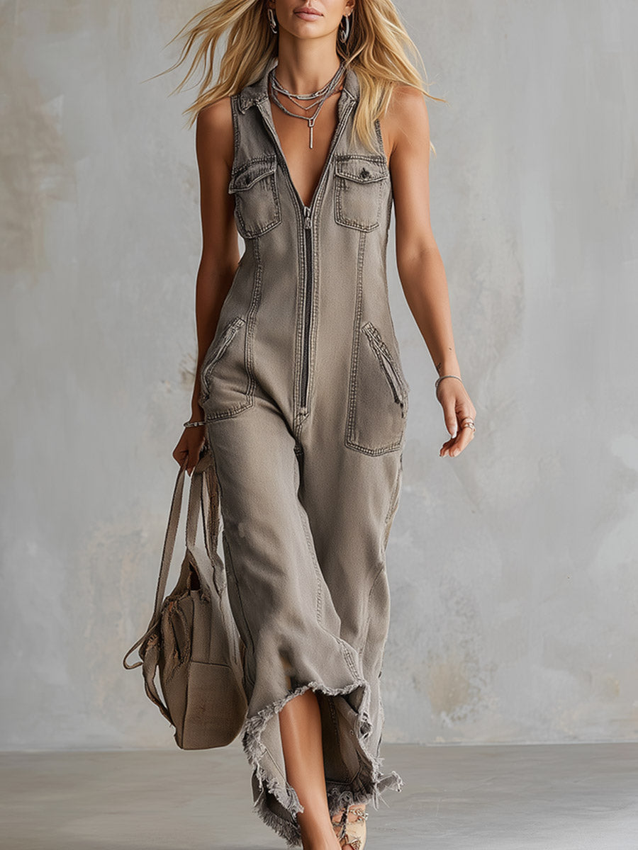 Vintage-style Distressed Khaki Washed Denim Raw-edge Jumpsuit
