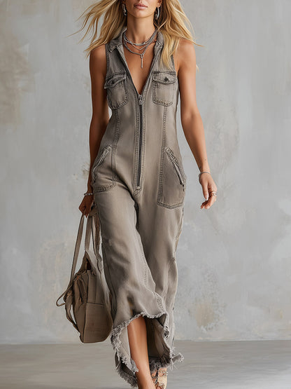 Vintage-style Distressed Khaki Washed Denim Raw-edge Jumpsuit