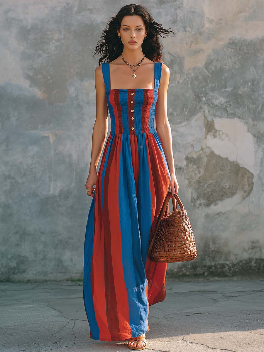 Mediterranean Stripe Smocked Cotton Linen Maxi Dress