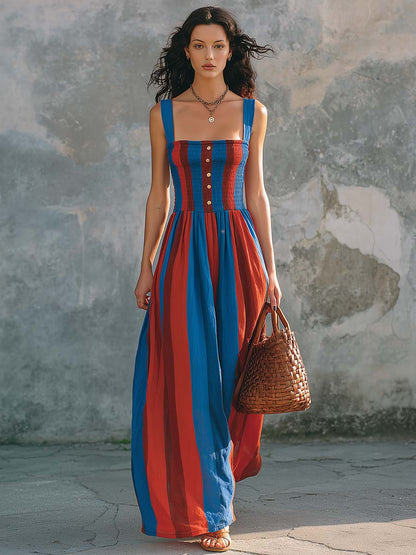Mediterranean Stripe Smocked Cotton Linen Maxi Dress