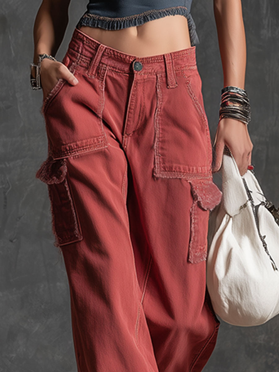 Casual Retro Red Frayed Multi-pocket Jeans