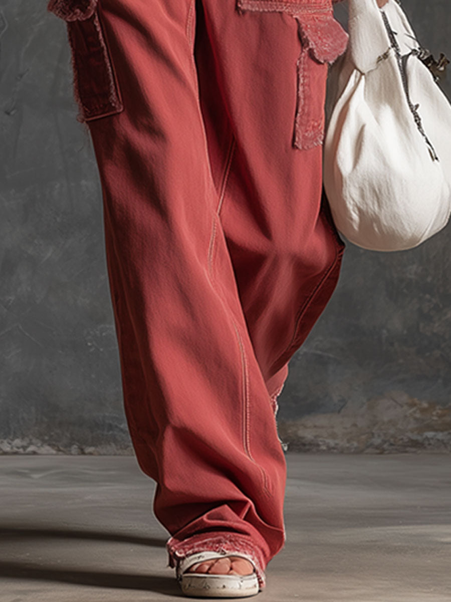Casual Retro Red Frayed Multi-pocket Jeans