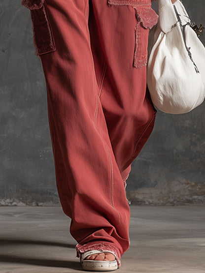 Casual Retro Red Frayed Multi-pocket Jeans