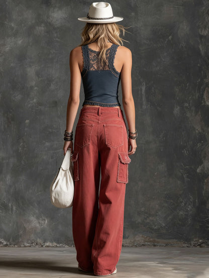 Casual Retro Red Frayed Multi-pocket Jeans
