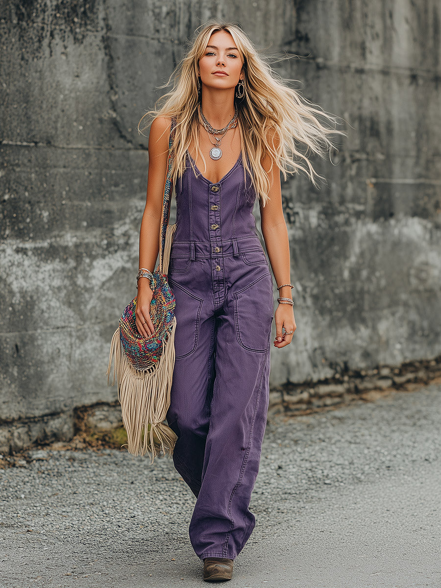 Stylish And Casual Purple Denim Utility Jumpsuit