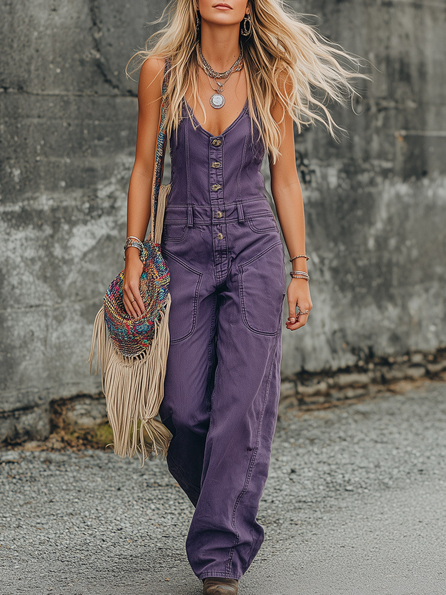 Stylish And Casual Purple Denim Utility Jumpsuit