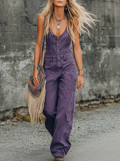 Stylish And Casual Purple Denim Utility Jumpsuit