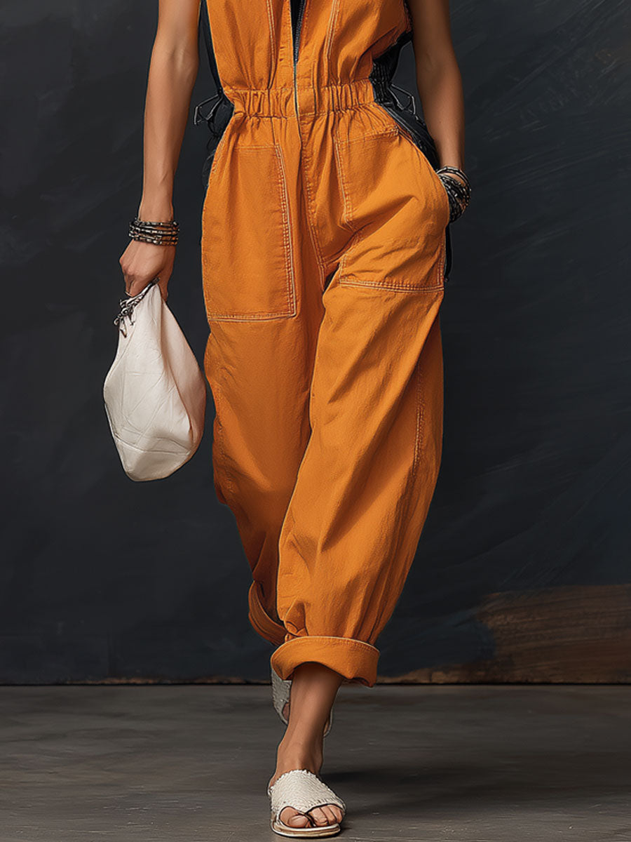 Casual Retro Black And Orange Denim Sleeveless Jumpsuit